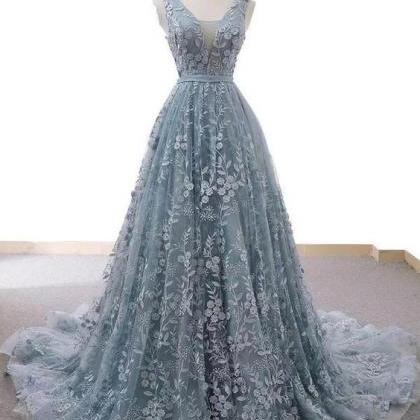Gray Blue Tulle Lace Long Prom Dress, Blue Evening..