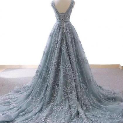 Gray Blue Tulle Lace Long Prom Dress, Blue Evening..