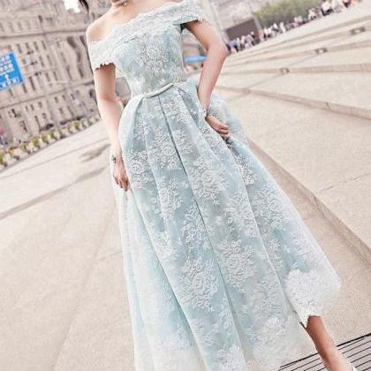 Blue Tulle Lace Tea Length Prom Dress, Blue Tulle..