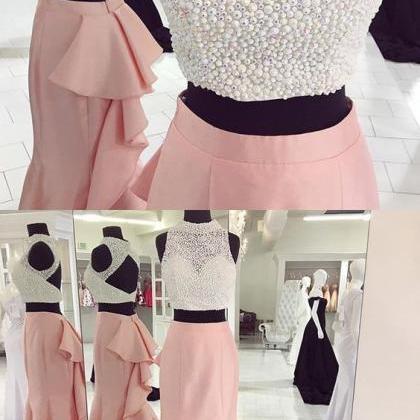 Pink Mermaid Prom Dress, Beaded Prom Dress, Semi..