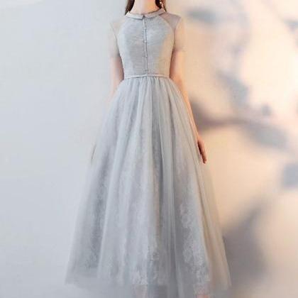 Gray Lace Turn-down Collar Short Sleeves Tulle..