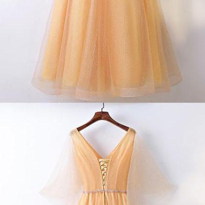 Classy Yellow Long Tulle Formal Party Dress V-neck..