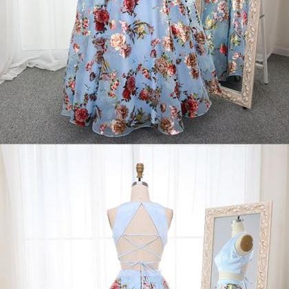 Two Piece Round Neck Blue Floral Organza Prom..