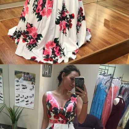 2019 V-back Floral Print Prom Party Dresses With..