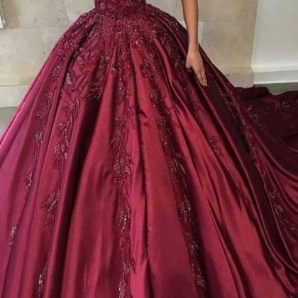 Burgundy Prom Dress Off The Shoulder Ball Gown..