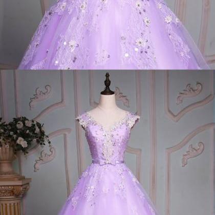 Lavender Tulle Cap Sleeve Beaded Long Evening..