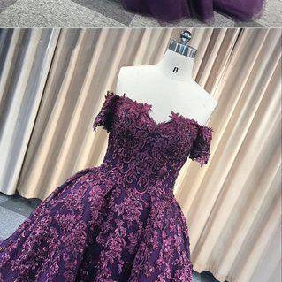 Purple Tulle Off Shoulder Strapless Sweep Train..
