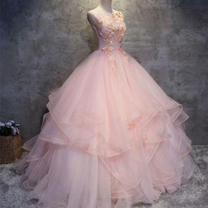 Pink Round Neck Tulle Lace Applique Long Prom..