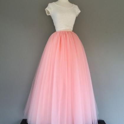 Floor Length Tulle Skirt , Pink Two Piece Prom..
