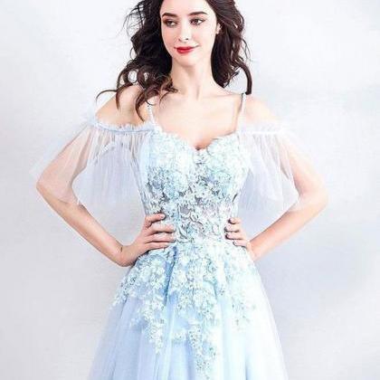 Light Blue Lace Tulle Long Prom Dress, Evening..