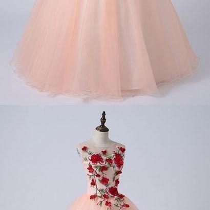 2019 Pink Tulle Round Neck Embroidery Quinceanera..