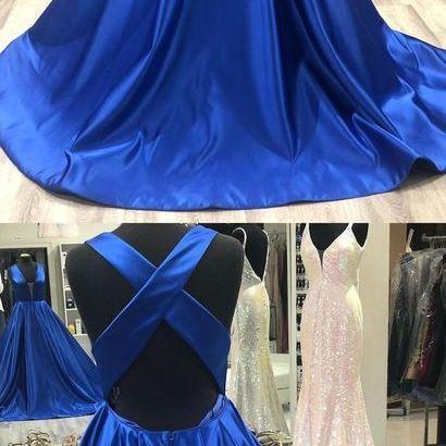 Simple Royal Blue Long Prom Dress With Cross Back,..
