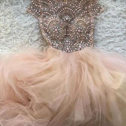 Princess Cap Sleeves Pink Tulle Ball Gown M8006