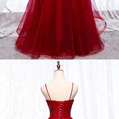 Long Spaghetti Straps Tulle Dress with Sweetheart Neck Burgundy Plus Size