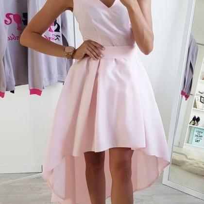A-line V-neck Cap Sleeves High-low Pink Homecoming..