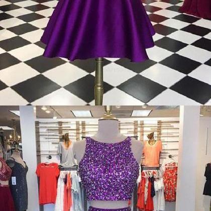 Short Prom Dresses Purple Two Pieces Sequin Short..
