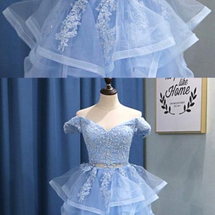 Baby Blue Tulle Off Shoulder Lace Two Pieces..