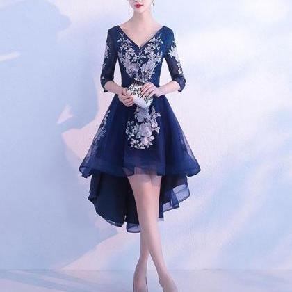Dark Blue V Neck Tulle Lace Short Prom Dress,..
