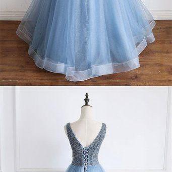 Blue V Neck Beads Sequin Tulle Long Prom Dress,..