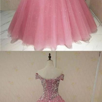 Pink Sweetheart Neck Tulle Sequin Long Prom Dress,..