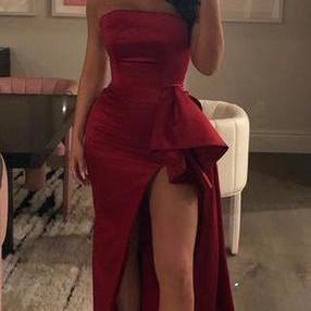 Sexy Red Strapless High Slit Sleeveless Long..