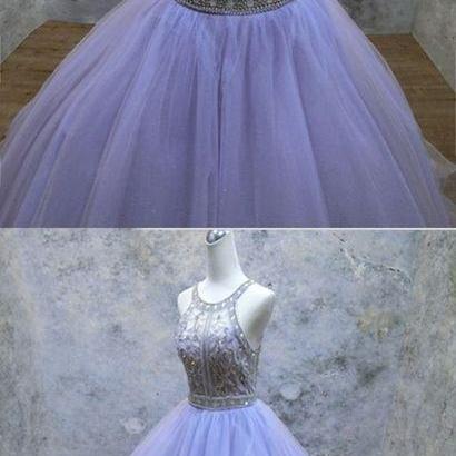 2019 Unique Lavender Tulle Beaded Strapless Long..
