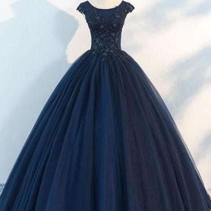 Navy Cap Sleeves Ball Gown Tulle Long Evening Prom..
