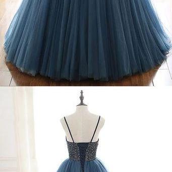 Blue Tulle Sequin Long Prom Dress, Blue Tulle Long..