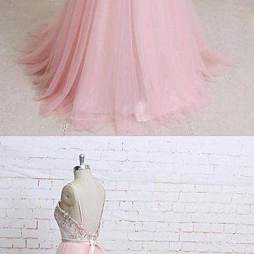 Pink Floral Lace Spaghetti Straps A Line Tulle..