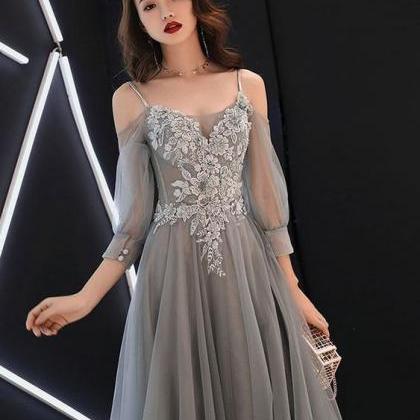 Gray Sweetheart A-line Tulle Lace Long Prom Dress,..