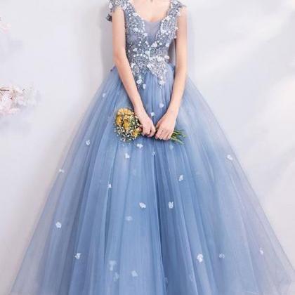 Blue Long Tulle Prom Dress Flowy With Beading..