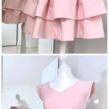 A-line V-neck Cap Sleeves Pink Homecoming Dress,..