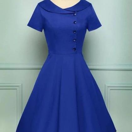 Blue Collared A Line Vintage Button Dress With..