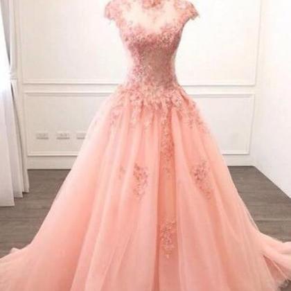 Pink Tulle O Neck Long Cap Sleeve Evening Dress,..