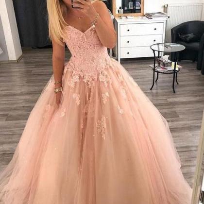 Pink Sweetheart Neck Lace Long Prom Dress Pink..