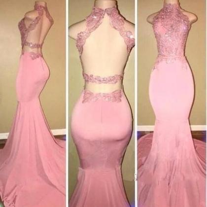 Pink High-neck Prom Dresses,mermaid Open-back Long..