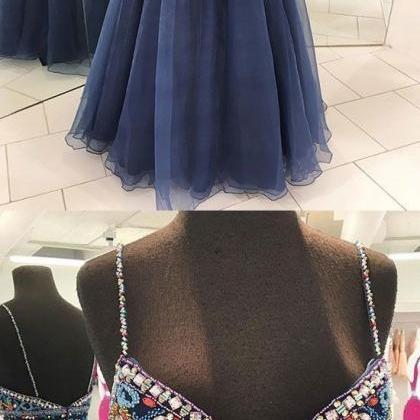 Dark Blue V Neck Beads Long Prom Dress, Blue..