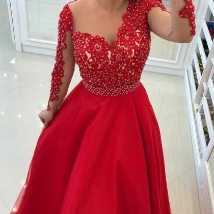 Asymmetrical Neck Long Sleeves Red Prom Dresses..