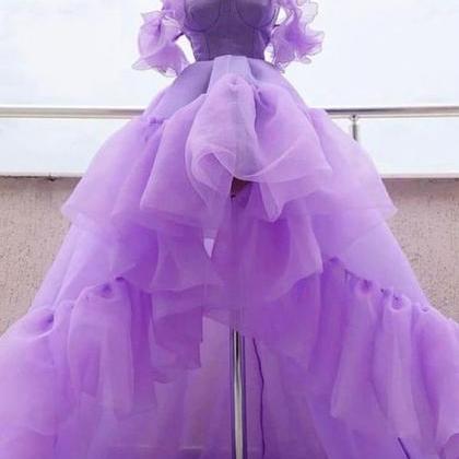 Purple Tulle High Low Prom Dress, Purple Evening..