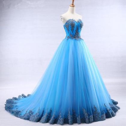Bright Blue Tulle Sweetheart Neck Long Strapless A..
