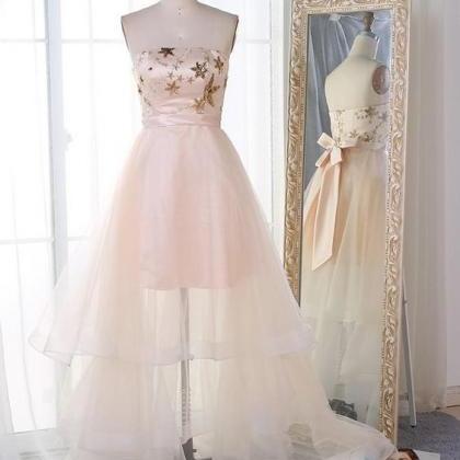 Strapless A Line Ruffles Layers Pink Tulle Prom Dress