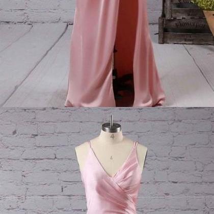 Pink V Neck Sleeveless Side Slit Prom Dress M9280