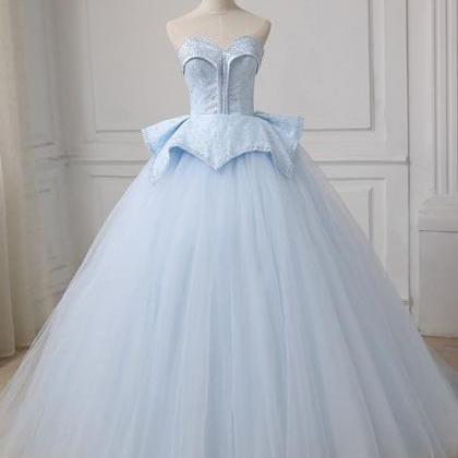 Blue Tulle Lace Up Sweetheart Ball Gown Beading..