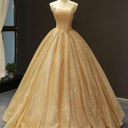 Gold Ball Gown Sequins Straps Floor Length Sweet..