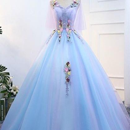 Blue V-neck Tulle Floor Length Quinceanera Dresses..