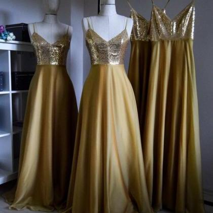 Charming Chiffon With Top Sequin Gold Prom Dress..