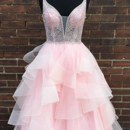 Cascading Ruffles Beaded Long Pink Prom Dress..