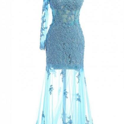 One Shoulder Blue Lace Applique Prom Dress,evening..