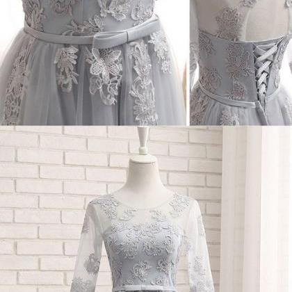 Gray Tulle Lace Long Prom Dress M9442