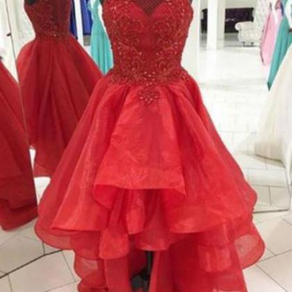 Red Organza Scoop Neck High Low Strapless..